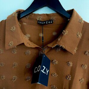 C.O.Z.Y. Azura Exchange Women's Button Fuzzy Polka Dot Shirt in Brown, Size XL